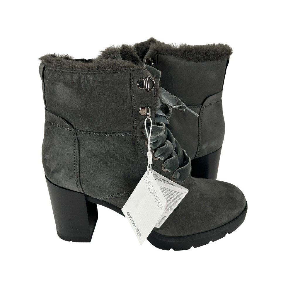 Geox Respira Womens Grey Suede Faux‎ Fur Trim Velvet Lace Up Ankle Boots Size 6